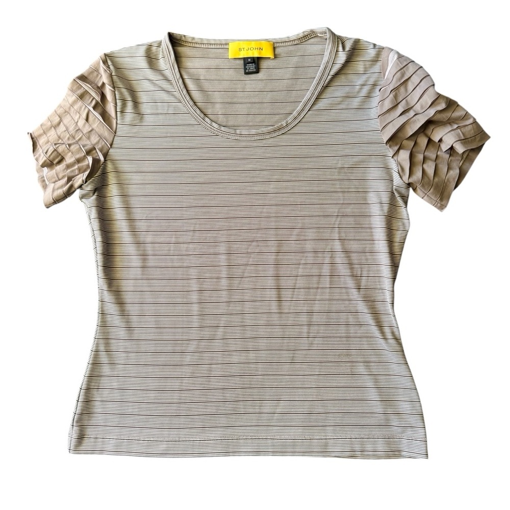 St John Yellow Label Women’s Striped Textured Short Sleeve Top Taupe Size Medium